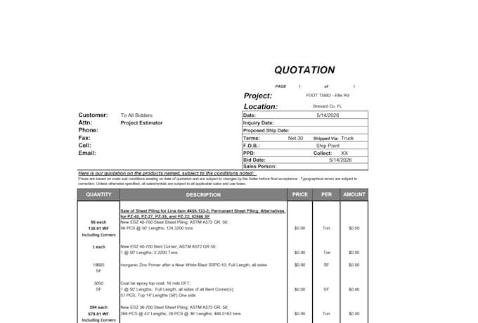produce sheet piling and steel piling leads and takeoffs